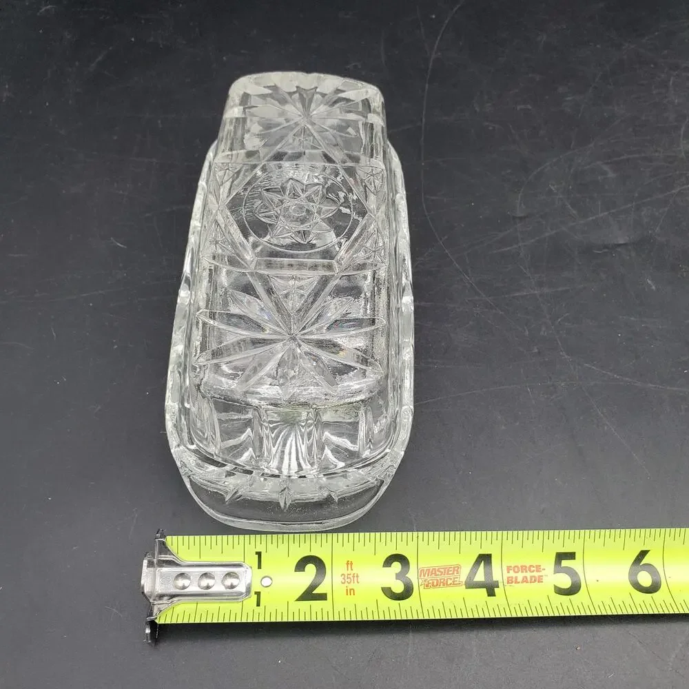 Vintage Cut Pressed Glass Covered Butter Dish Starburst Diamond Pattern
